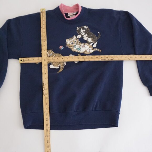 VTG Morning Sun Vintage Cat Sweatshirt Navy Blue Pink Collar 90s Grandma Cozy L - Picture 3 of 10
